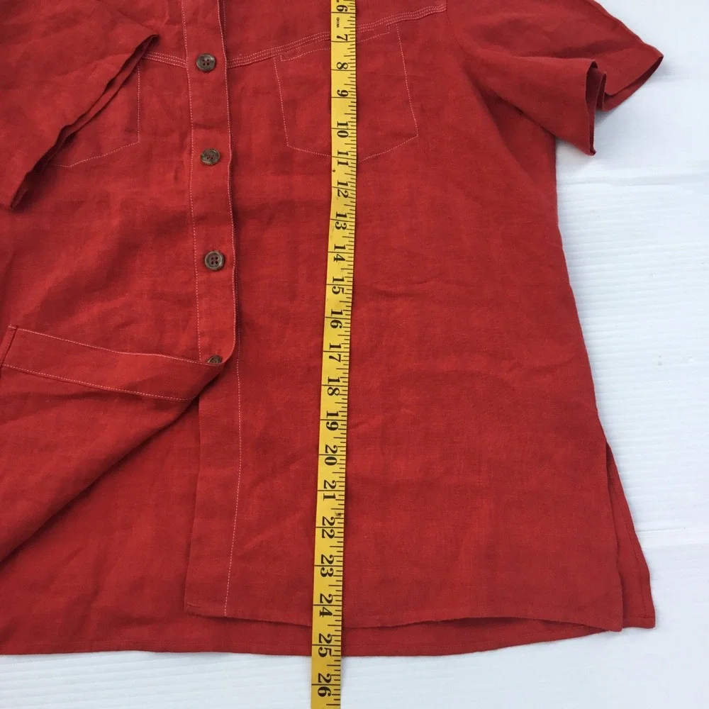 Burberry London Red 100% Linen Short Sleeve Button Down Shirt Nova Check Trim 46